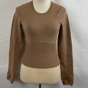 Babaton Knit Top Tan-Brown Long Sleeve Ribbed Detail
